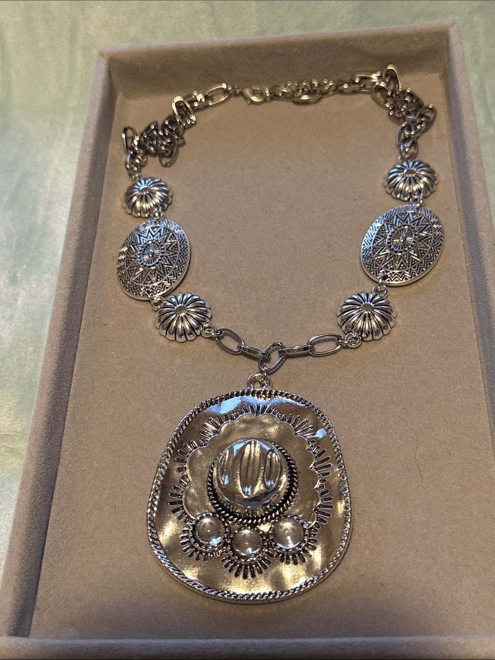 Textured Silver-Tone Floral Pendant Necklace